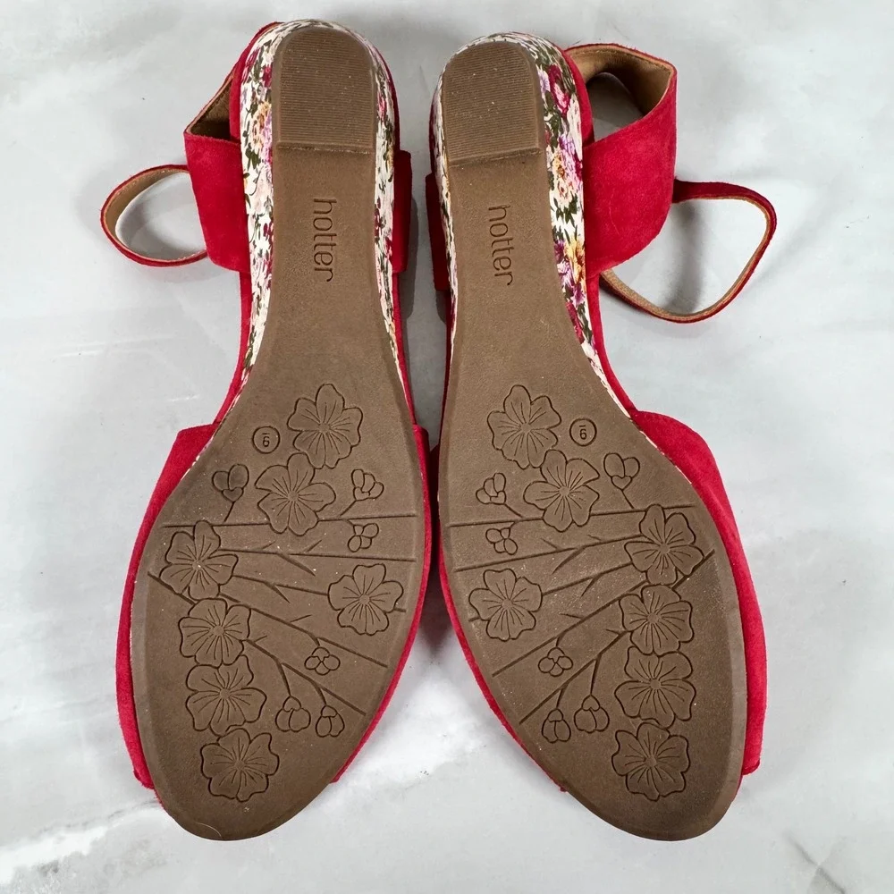 Hotter Hallie Sandals Red‎ Suede Upper Floral Low Wedge Ankle Strap Comfort 11